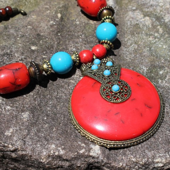 Big Red Tribal Cultural Statement Necklace - Picture 7 of 15
